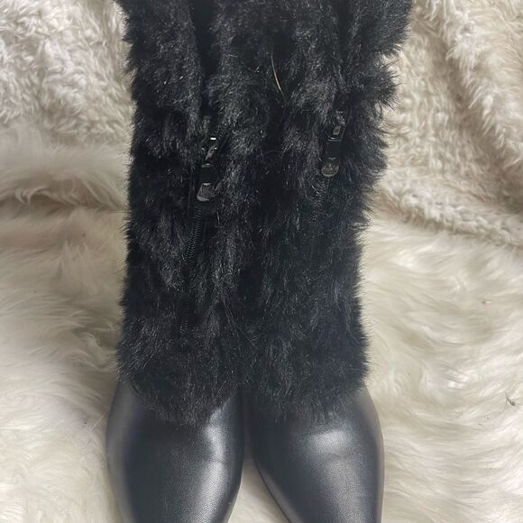 Ashro synthetic black mid calf boots  faux fur trim front zipper 3”heels SZ11W - Picture 9 of 16
